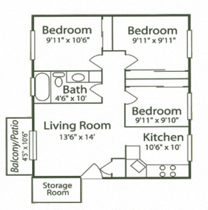 Three Bedroom One Bathroom Floorplan 3 at Village Gardens Apartments, Colorado 80525